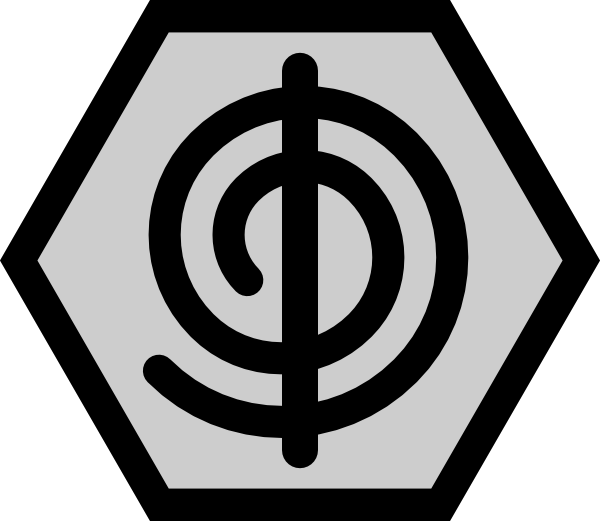 Rune of the Otherworld: Heavyweight black lines on a very light grey background. A spiral making two rotations bisected by a vertical line. Enclosed in a hexagonal tile where the bottom edge is level with the horizon.
